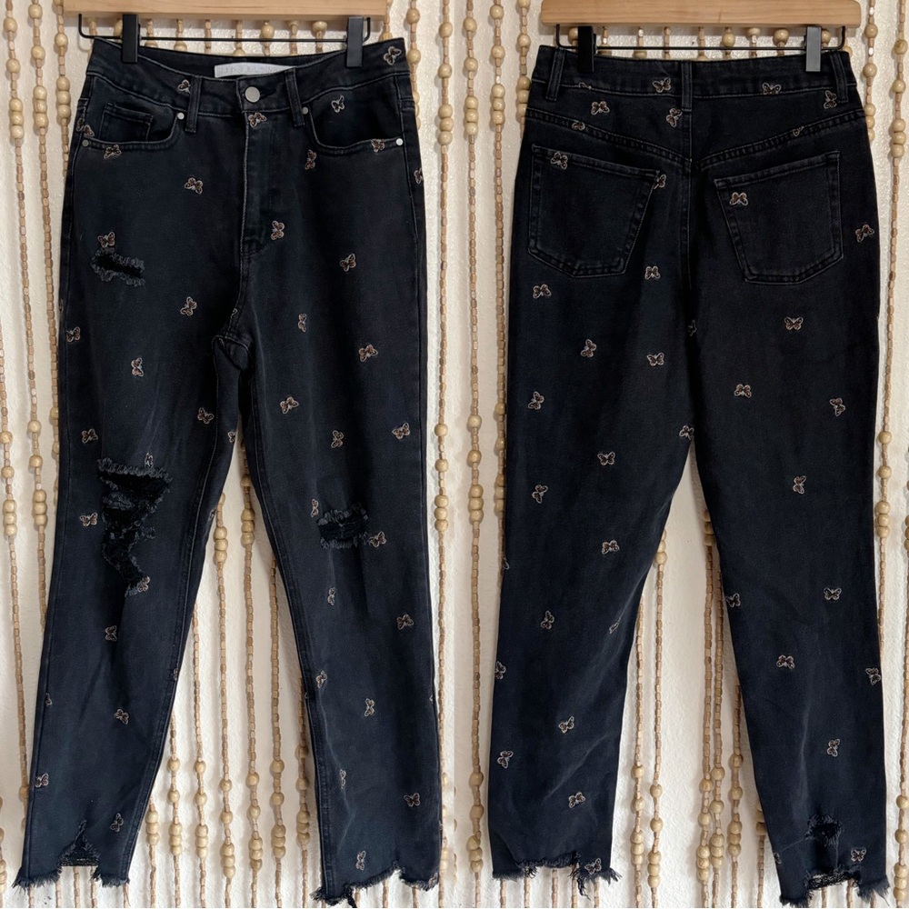 Embroidered Butterfly Black Orange Boho Cottage Grunge Straight Distressed Jeans